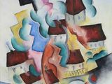an image of a painting of a building with a clock on it