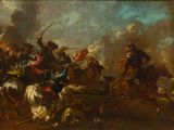 painting of a group of men riding horses in a field