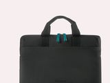 a black laptop bag with a blue handle on a white background