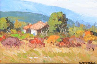 une peinture à l'huile représentant une maison dans un champ avec une montagne en arrière-plan