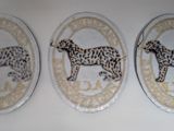 three plates with a leopard and a dog on them on a wall