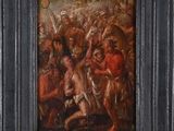 une peinture représentant une peinture d'un groupe d'hommes à cheval