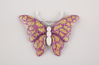 un gros plan d'une broche en forme de papillon sur fond blanc