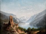 tableau représentant la vue d'un lac de montagne avec un château au premier plan