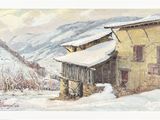 tableau représentant une vieille grange sous la neige, avec des montagnes en arrière-plan