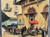 a painting of a group of people outside of a building