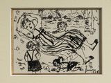 dessin représentant un homme et une femme dans un parc avec un chien