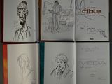 sketches of a man and a woman are shown in a book