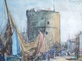 a picture of a painting of boats in a harbor