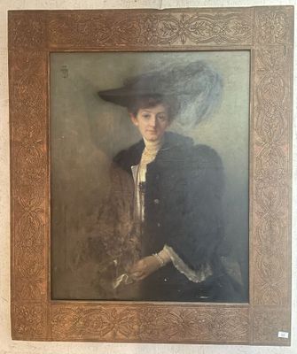 tableau représentant une femme coiffée d'un grand chapeau et vêtue d'un manteau noir