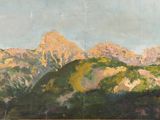 peinture représentant une peinture d'une chaîne de montagnes avec un lac au premier plan