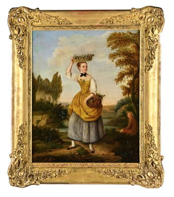tableau représentant une femme tenant un panier de fleurs dans un paysage