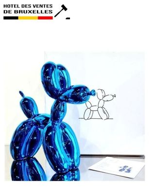 a blue balloon dog statue next to a drawing of a dog