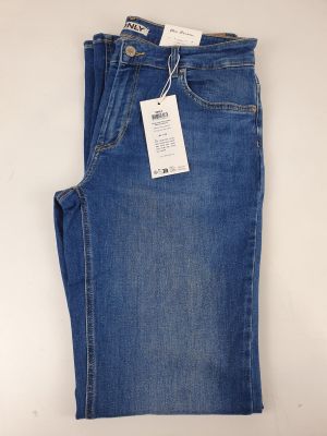 a pair of blue jeans on a white background with a price tag