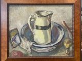 a painting of a white pitcher on a plate on a table