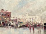 painting of a harbor scene with boats and buildings in the background