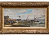 an oil painting of a boat on a body of water