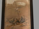 painting of a dead animal with a banner hanging on a wall