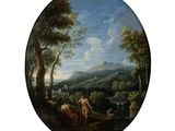 une image représentant un tableau où figurent un homme et une femme dans un paysage boisé
