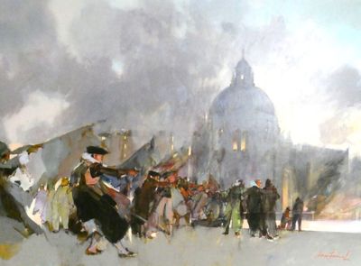 une peinture représentant un groupe de personnes marchant dans la rue
