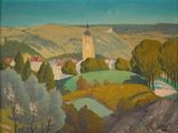 painting of a view of a village with a church in the distance