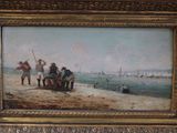 painting of a group of men on a beach with a boat in the background