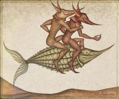 an image of a painting of two people riding on a fish