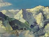 peinture représentant une chaîne de montagnes avec un ciel bleu en arrière-plan