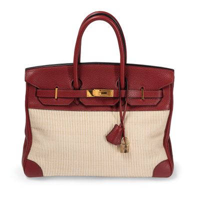 a red and beige leather and canvas birkine bag