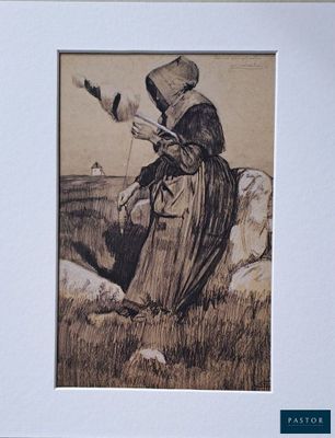 dessin représentant une femme assise dans un champ, un oiseau dans la main
