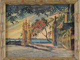 painting of a painting of a gate and a tree in front of a building