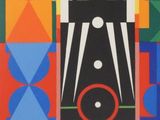 painting of a clock on a colorful background with geometric shapes