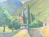 a painting of a church in the middle of a mountain