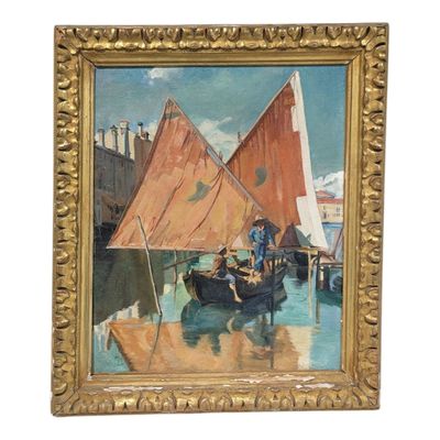 une peinture à l'huile représentant un homme dans un bateau sur un plan d'eau