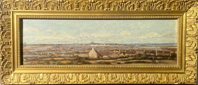 une peinture à l'huile représentant une vue de ville, dans un cadre doré