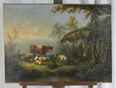 un tableau posé sur un chevalet représentant une vache et un mouton