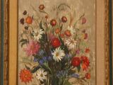tableau représentant un bouquet de fleurs dans un vase posé sur une table