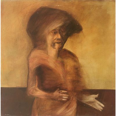 tableau représentant une femme coiffée d'un chapeau et vêtue d'une robe, les mains posées sur la poitrine