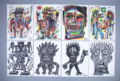 four different colored drawings of different characters on a white surface