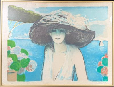 tableau représentant une femme coiffée d'un grand chapeau devant un plan d'eau