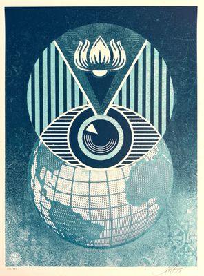 an image of a blue and white poster with a picture of a globe