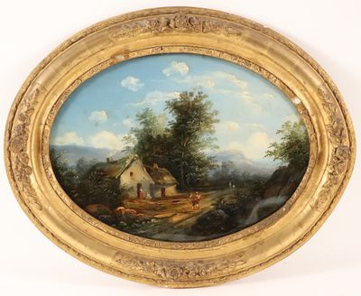 an oval painting of a farm scene with a man and a dog