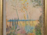 une peinture à l'huile représentant un paysage avec des arbres et des buissons