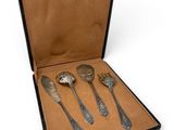 four spoons in a case on a white surface
