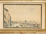 une image représentant un tableau représentant une scène de plage avec des personnes sur le rivage