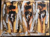 painting of a group of people standing in front of a wooden wall