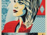 une affiche représentant une femme vêtue d'une veste rouge sur fond bleu