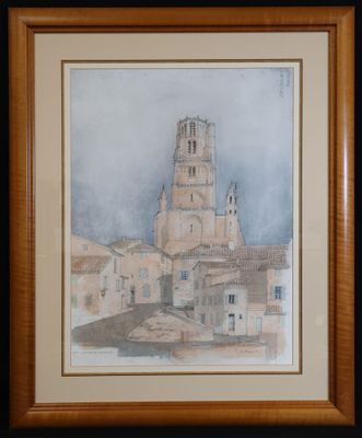 aquarelle encadrée représentant le clocher d'une église dans une petite ville