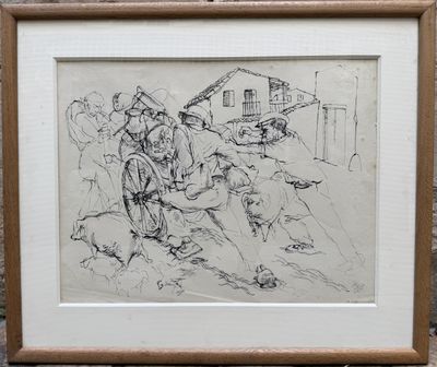 dessin représentant un homme à cheval, avec un chien devant lui