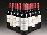 six bottles of red wine are lined up in a row